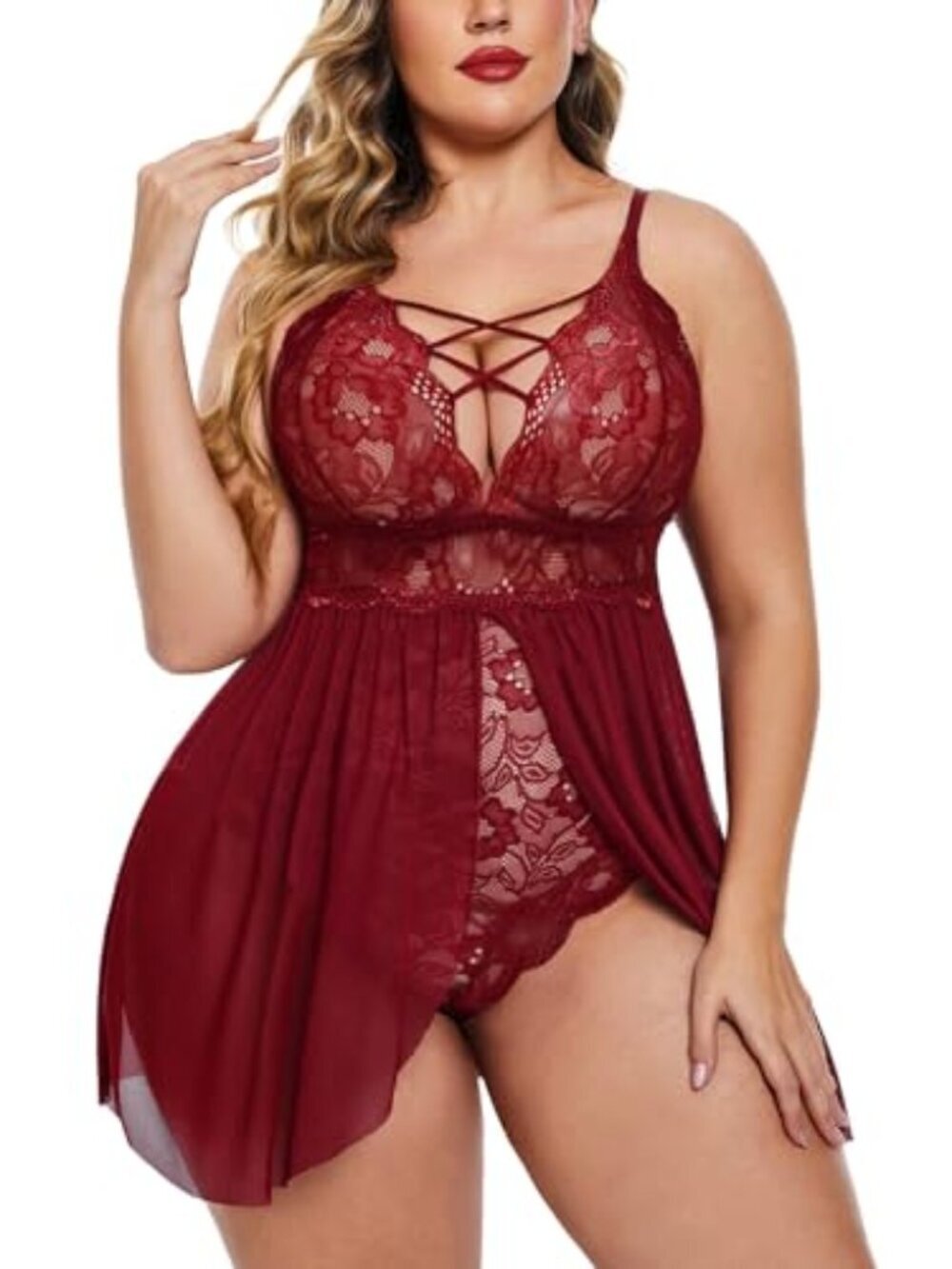 BRAND NEW Plus Size Babydoll Womens Snap Crotch Lingerie Wine Red